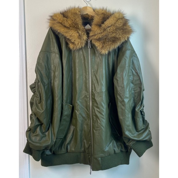 Ashley Graham Jackets & Blazers - Ashley Graham Faux Leather Bomber Jacket Women 1X Green Faux Fur Hood Oversized